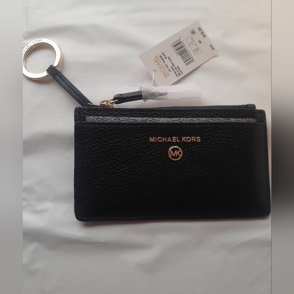 Michael Kors Slim Black Leather Card Holder/With Keyring/Zipper Pouch🌸